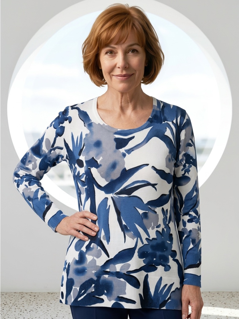 Orange Village Floral Blue Print Crew-neck Soft Lightweight Knit Sweater-XL